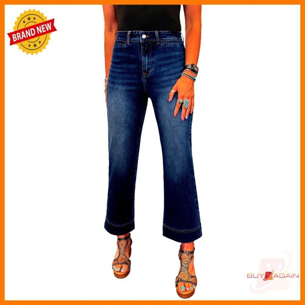 High Waisted Wide Leg Stretch Denim Jeans with Pockets for Women